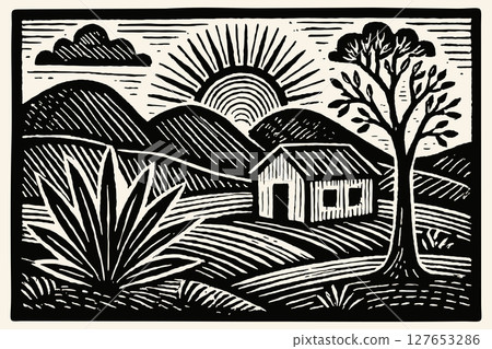 Landscape with cacti, tree, mountains, house and sun. Brazilian northeast cordel vector illustration. Woodcut style. Black and white Landscape with cacti, tree, mountains, house and sun. Brazilian northeast cordel vector illustration. Woodcut style. Black and white 127653286