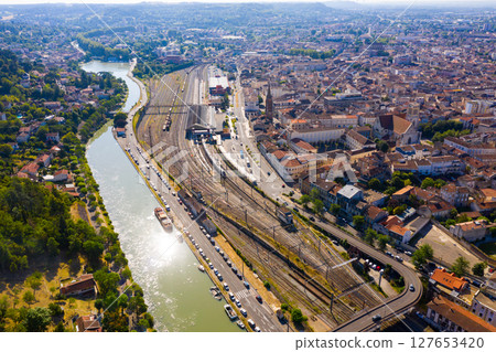 Aerial view of Agen overlooking railway tracks 127653420