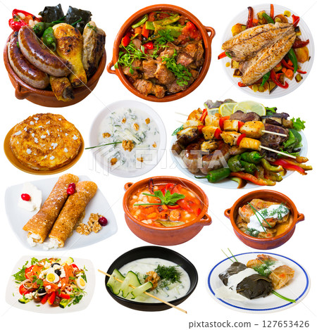 Different dishes of traditional Bulgarian cuisine with meat and vegetables isolated 127653426