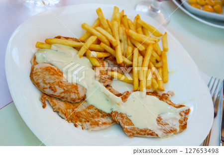 Pork tenderloins with fried potatoes Pork tenderloins with fried potatoes 127653498