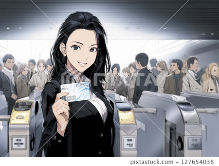 一名年輕女子使用卡片通過車站自動檢票口的插圖素材 127654038
