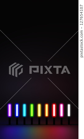 Nine colorful penlights on a black background. Copy space. 3D (portrait) Nine colorful penlights on a black background. Copy space. 3D (portrait) 127654107