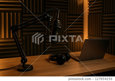 Recording setup for podcasting in a cozy studio with warm lighting and soundproofing panels Recording setup for podcasting in a cozy studio with warm lighting and soundproofing panels 127654250