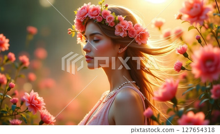 Young woman in flower crown standing amidst blooming roses during golden hour in a vibrant garden 127654318