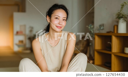 充滿自然氣息的房子和微笑的女人 127654430