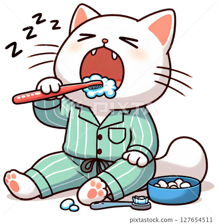 A cat brushing its teeth while half asleep, Korean morning routine cartoon style 127654511