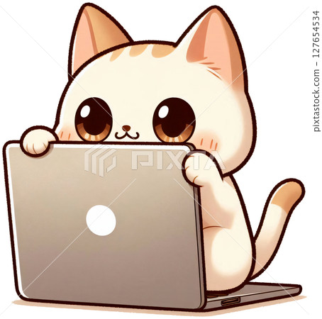 A cat hiding behind a laptop with only its eyes showing, Japanese cartoon style A cat hiding behind a laptop with only its eyes showing, Japanese cartoon style 127654534