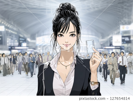 一名年輕女子使用卡片通過車站自動檢票口的插圖素材 一名年輕女子使用卡片通過車站自動檢票口的插圖素材 127654814