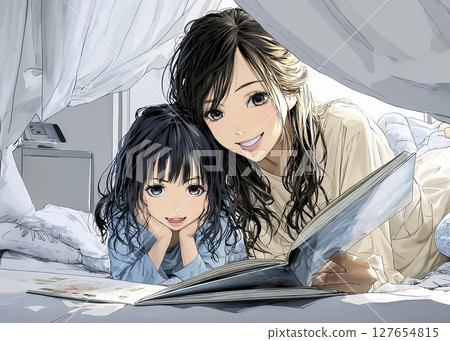 一位母親為孩子讀睡前故事的插圖素材 一位母親為孩子讀睡前故事的插圖素材 127654815