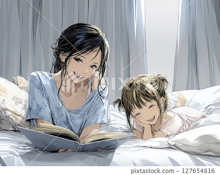 一位母親為孩子讀睡前故事的插圖素材 127654816