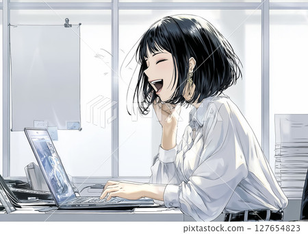 一位年輕女子在筆記型電腦上工作的插畫素材 一位年輕女子在筆記型電腦上工作的插畫素材 127654823