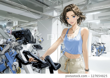 Illustration material of a young woman training on a treadmill in a gym 127654825