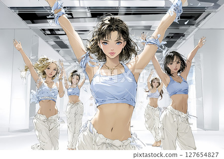 一名年輕女子在體育館的舞蹈課上跳舞的插畫素材 127654827