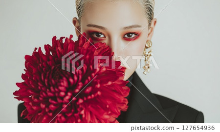 鮮紅的大麗花和美麗的模特 127654936