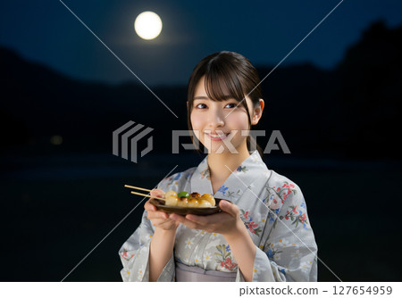 一幅優雅的肖像畫，描繪了一位身著傳統日本服裝的日本女子在滿月之夜手捧餃子 127654959