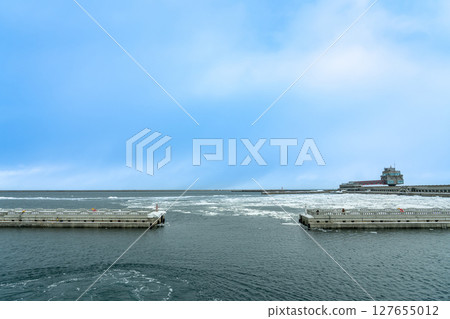 A view of Monbetsu Port with drift ice coming in, Monbetsu City, Hokkaido A view of Monbetsu Port with drift ice coming in, Monbetsu City, Hokkaido 127655012