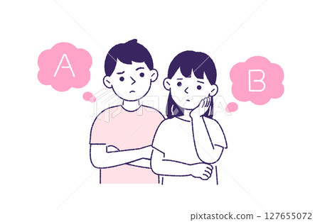 A young couple struggling to choose between A and B 127655072