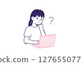 一名感到困惑並在電腦上查看某件事物的女子 127655077