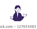 一位身穿西裝的女士面帶微笑地解釋和介紹某事 127655083