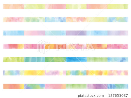 A set of 7 uneven watercolor colorful rectangles arranged like masking tape A set of 7 uneven watercolor colorful rectangles arranged like masking tape 127655087