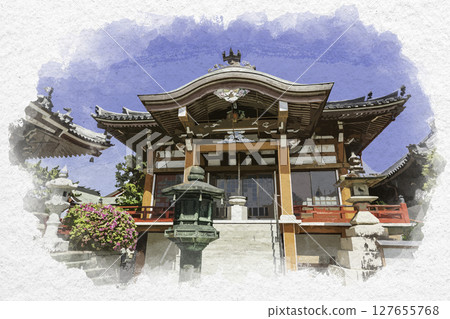 Watercolor painting style, Shikoku 88 Temples No. 17, Ido Temple, Komyoden, Tokushima City, Tokushima Prefecture Watercolor painting style, Shikoku 88 Temples No. 17, Ido Temple, Komyoden, Tokushima City, Tokushima Prefecture 127655768