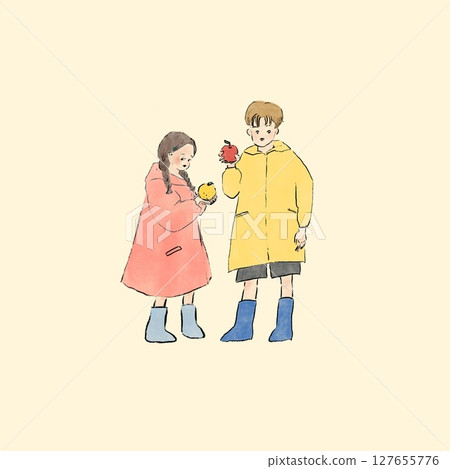 Children wearing raincoats and holding fruit Children wearing raincoats and holding fruit 127655776