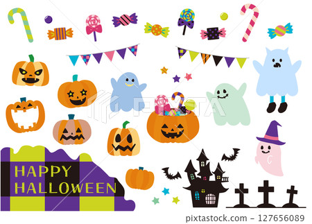 可愛的萬聖節插圖集：南瓜燈、鬼魂、糖果 127656089