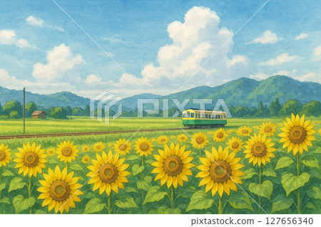 夏季當地火車穿過向日葵田的風景 夏季當地火車穿過向日葵田的風景 127656340