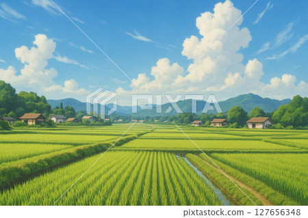 Summer blue sky and red roof farmhouse Summer blue sky and red roof farmhouse 127656348