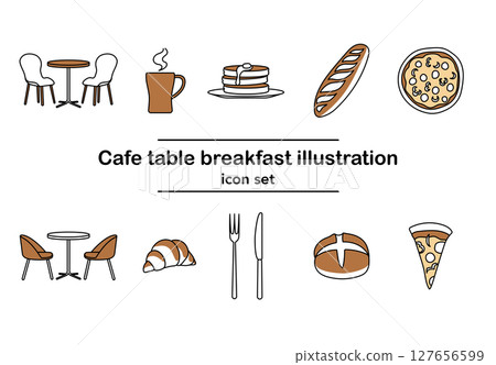 Cafe breakfast and furniture icon set brown color scheme | pancakes, coffee, croissants, pizza, cafe chairs 127656599
