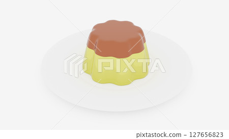 3D illustration of a yellow pudding with caramel sauce on a white plate, isolated on white background 3D illustration of a yellow pudding with caramel sauce on a white plate, isolated on white background 127656823