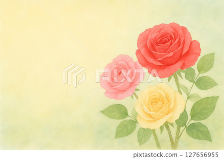 柔和的水彩三色玫瑰和帶有空間的背景 柔和的水彩三色玫瑰和帶有空間的背景 127656955