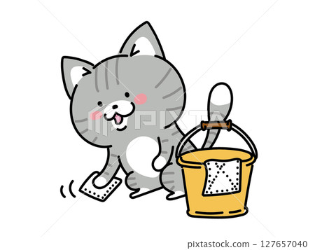 A cat cleaning the floor with a rag 127657040