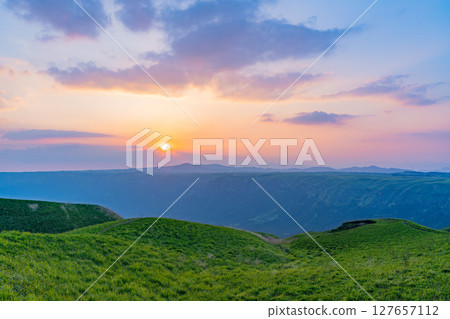 (Kumamoto Prefecture) Mount Aso - Evening view of Daikanbo and sunset 127657112