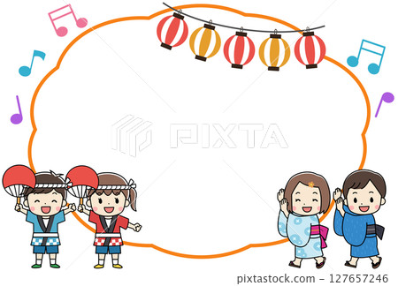 穿著浴衣和法被的孩子們享受夏日祭典的框架插圖 127657246