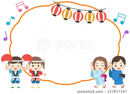 Frame illustration of children wearing yukata and happi coats enjoying the summer festival Frame illustration of children wearing yukata and happi coats enjoying the summer festival 127657247