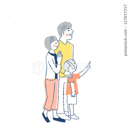 Smiling family of three looking to the right 127657357