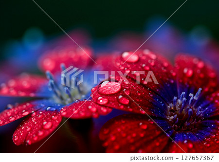 鮮紅色的花，上面覆蓋著水滴 127657367