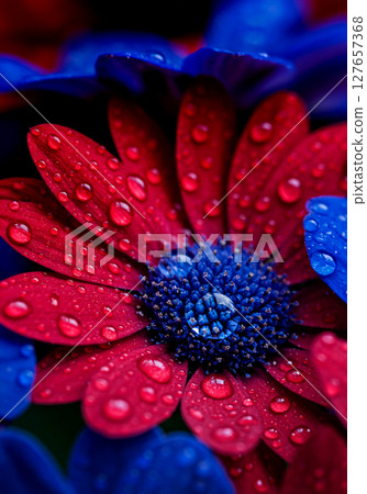 鮮紅色的花，上面覆蓋著水滴 127657368