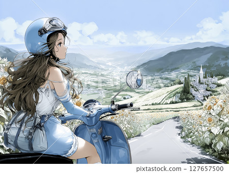 一位年輕女子騎著摩托車前往向日葵田的插畫素材 127657500