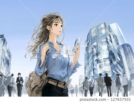 操作智慧型手機的女商人的插畫素材 127657501