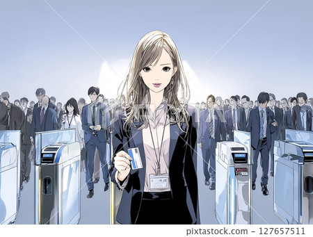 Illustration material of a young woman passing through the automatic ticket gate at the station using a card 127657511