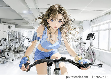 年輕女子在體育館騎健身車進行訓練 127657518