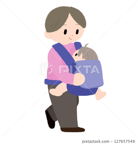 一幅可愛的手繪插圖，描繪了一位母親抱著嬰兒背帶中的嬰兒行走 127657549