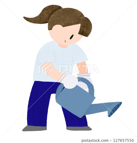 手繪彩色插圖，一位年輕女子戴著手套，用噴壺給植物澆水 127657550