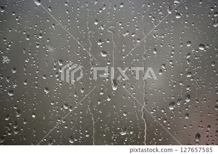 Raindrops clinging to a window, a close-up view of water droplets on a glass surface. 127657585