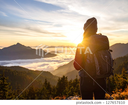 Silent Mountain Morning - A winter solo hike overlooking the sea of clouds and the morning sun 127657810