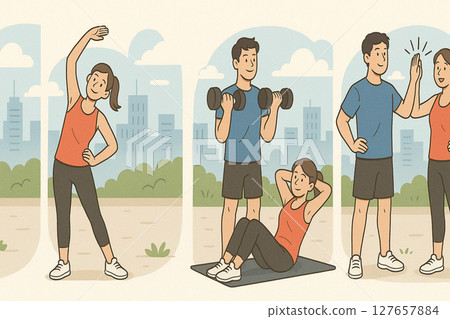 Illustration of men and women exercising 127657884