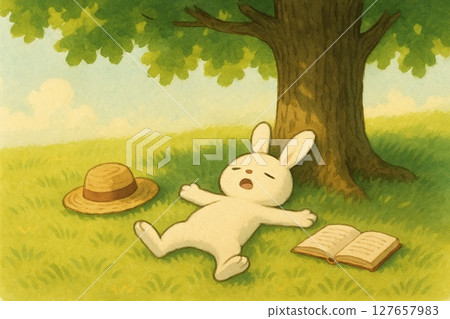 深度睡眠模式的兔子插圖 - 夏日樹蔭 - 生成式人工智慧 127657983