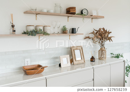 Stylish kitchen storage shelves, cupboards, kitchen cabinets Stylish kitchen storage shelves, cupboards, kitchen cabinets 127658239